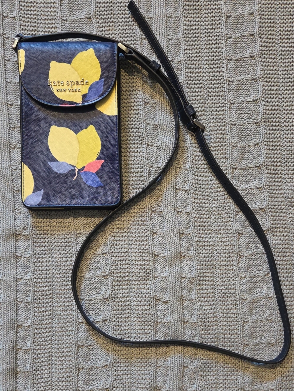 Kate Spade Cameron Lemon Zest North South Flap Phone Navy Blue Crossbody Bag